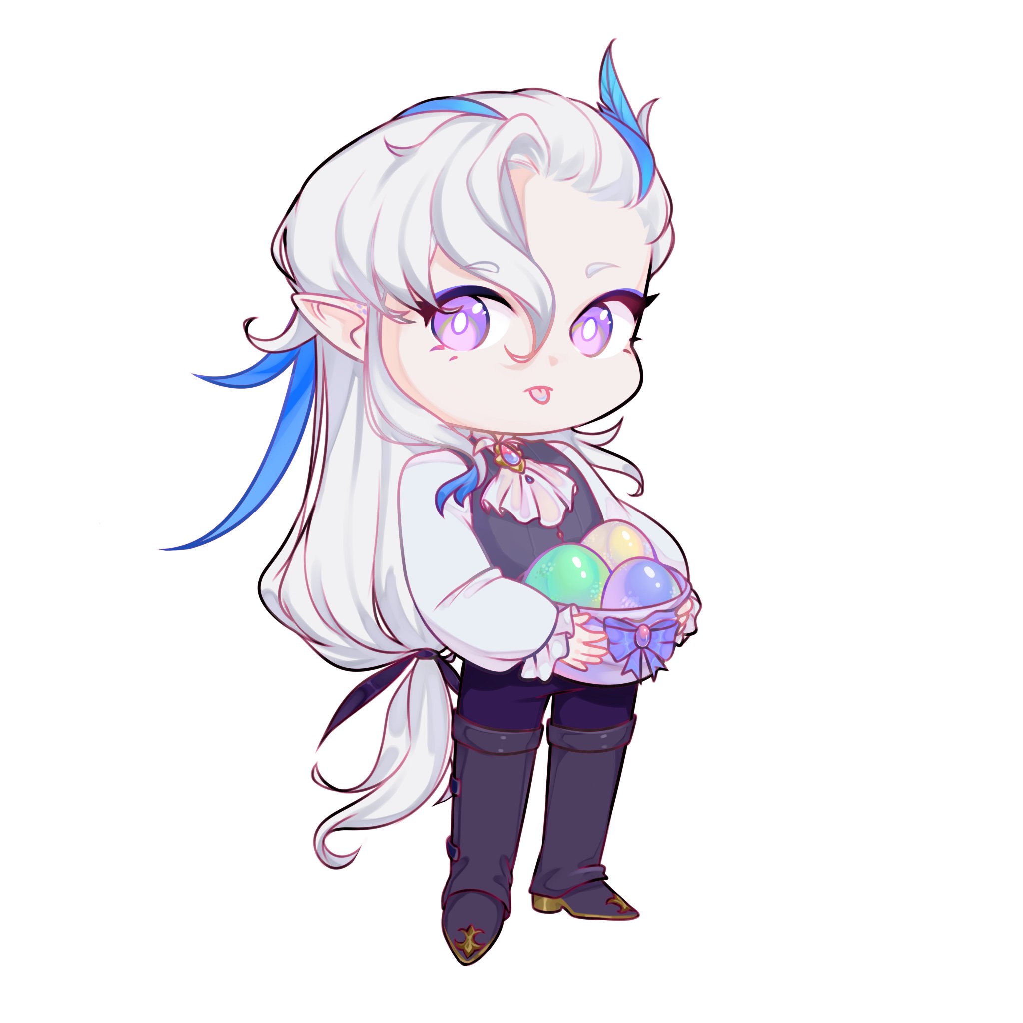 a cute animestyle chibi girl with white hair and a blue ribbon, wearing a white shirt and black pants. she is holding a basket of colorful easter eggs. her eyes are purple and her hair is long and flowing. she is smiling and looks happy. the image has a pastel color palette.
