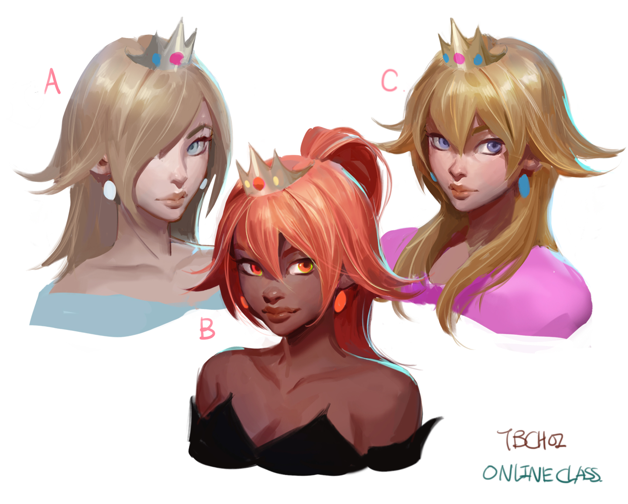 the image showcases three digital paintings of female characters inspired by the super mario franchise.  each character appears to be a unique interpretation of existing princesses or royalty from the games.  a:  a blondehaired character resembling rosalina or daisy. she has a light complexion and is wearing a light blue dress. b:  a character with bright orange/red hair and dark brown skin.  she might be a reimagining of a lesserknown character or a completely original creation, bearing a crown similar in style to the others. she is wearing a dark dress. c: a blondehaired character strongly resembling princess peach. she has a lighter complexion and is wearing a pink dress.each painting is labeled with a letter (a, b, c). the artist's signature or class name "tbcho2 online class" is visible in the bottom right corner. the style is consistent throughout, showcasing a soft, painterly approach to digital art.