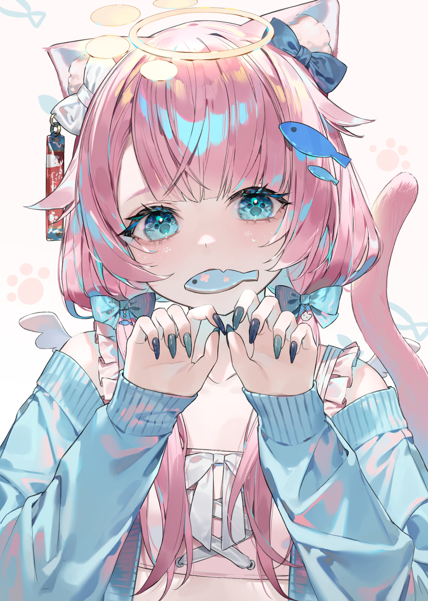 an animestyle illustration of a catgirl with pink hair, blue eyes, and cat ears. she has a halo and is wearing a blue cardigan. she's holding her hands up with claws extended. she has a small fish in her mouth and another on her hair. the background is light and soft.