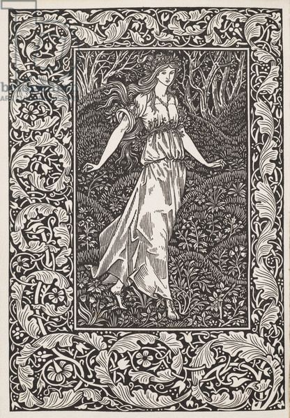 this is a black and white woodcut illustration of a woman in a flowing dress walking through a woodland clearing. she is surrounded by lush vegetation and flowers. the artwork has an intricate decorative border of leaves and flowers, and it is styled after the art nouveau aesthetic.