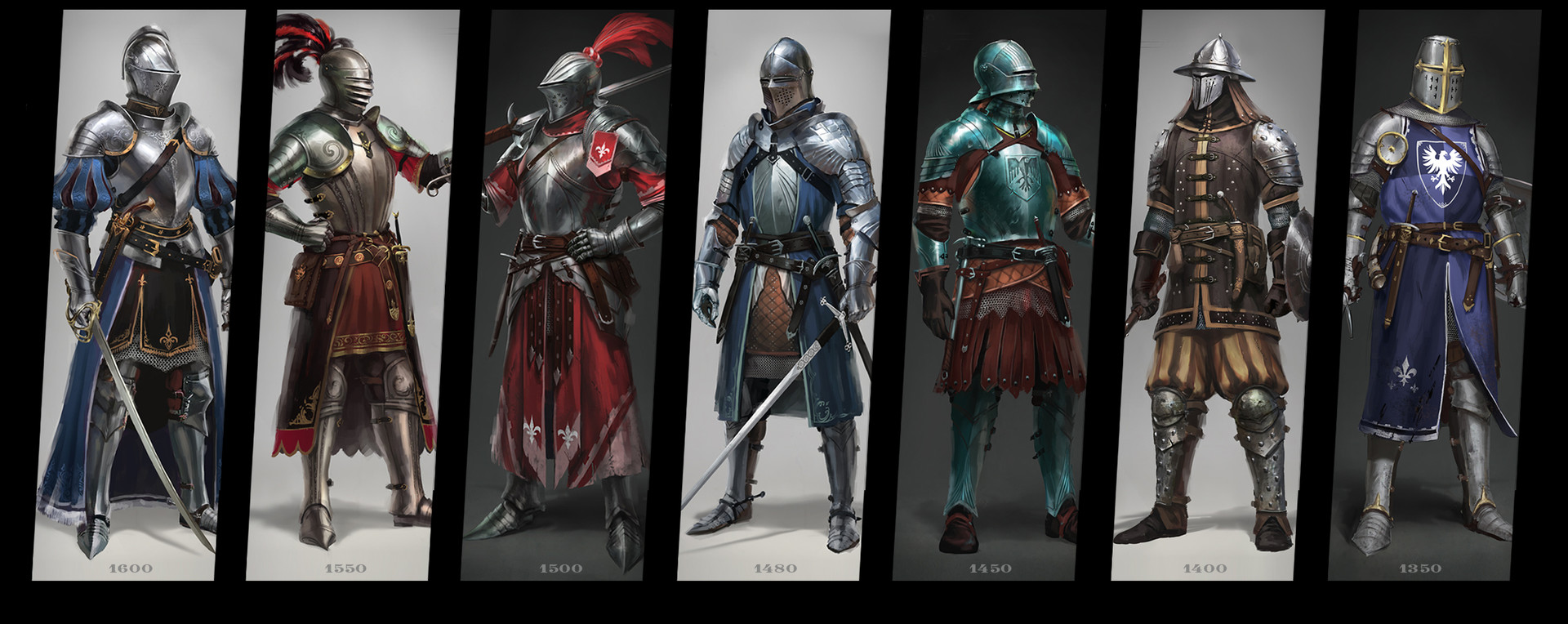 seven unique knight character designs are presented in a lineup format, showcasing detailed armor variations and weaponry. each knight stands against a muted gray background, emphasizing the intricate details of their attire. the artwork highlights elements of medieval and fantasy aesthetics in the armor design, weapons, and overall presentation.