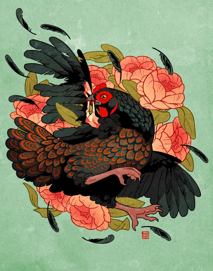 the image is a vibrant illustration or tattoo design featuring a hen, possibly a silkie breed, depicted in a dynamic pose with its wings outstretched and feathers flying. the hen is rendered in rich, dark colors with hints of reddishorange on its plumage, and is intricately detailed.  it is surrounded by a lush arrangement of stylized red peonies and falling feathers, creating a visually striking composition reminiscent of japanese art styles like ukiyoe. the background is a muted, seafoam green. the overall style is both detailed and expressive, suggesting movement and energy.  a small red stamp, likely an artist's mark, is present at the bottom of the image.