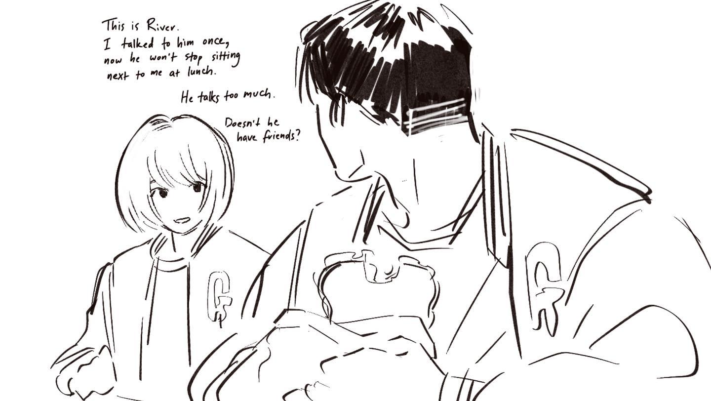 a black and white drawing of two characters, a girl and a boy. the girl is looking at the boy, who has his back to the viewer. the boy is eating his lunch. the girl is talking to the boy. the scene is set in a school setting. the girl is saying "this is river, i talked to him once, now he won't stop sitting next to me at lunch. he talks too much. doesn't he have friends?". the caption is a dialogue between the two characters.