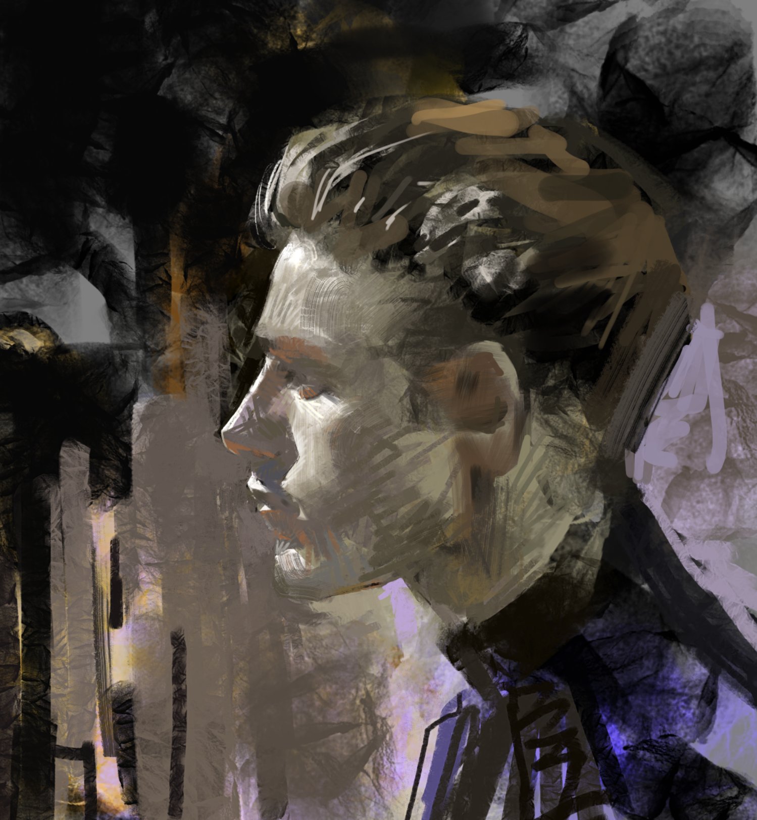 this painting is a portrait of a man. he is looking away from the viewer, and his face is partly obscured by his hair. the painting is done in a loose, impressionistic style, with many visible brushstrokes. the man's expression is serious, and he appears to be lost in thought. the colors are dark and muted, and the background is very abstract. the overall effect is one of mystery and intrigue.
