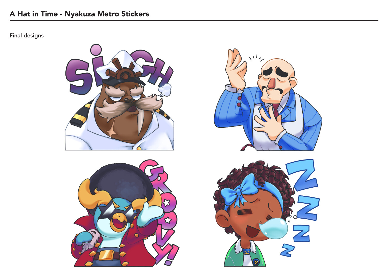 this image shows 4 stickers featuring characters from the game a hat in time. the first sticker features a walrus with an "ugh" speech bubble. the second sticker features a man in a suit making a gesture. the third sticker features a penguin with a speech bubble that says "groovy". the fourth sticker features a girl with a speech bubble that says "zzz". all of these stickers are designed in the style of the game a hat in time and feature bright colors and cartoonlike characters.