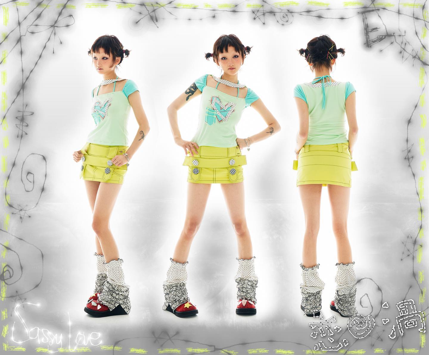 a studio shot showcases three identical views of a young asian woman modeling a bright, playful outfit. the outfit consists of a light green shortsleeved top adorned with a heartshaped design, paired with a vibrant lime green mini skirt featuring decorative buttons and pockets. the model is wearing white polka dot socks that bunch at the ankles and chunky platform shoes with red accents. her hair is styled in pigtails with small hair clips, enhancing her cute and slightly punkish look. the background features a stylized, edgy border with sketched lines and symbols, adding to the overall alternative fashion aesthetic. the image is welllit and the model's poses are dynamic, showcasing the outfit from different angles. the brand name "sassylove" is subtly incorporated into the design.
