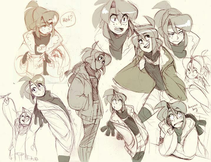 this image is a collection of handdrawn sketches in animestyle. each sketch is a portrayal of a different female character, each with their own unique expressions and clothing. the drawings are done in a loose and freeflowing style, giving the artwork a sense of energy and spontaneity. the sketches are not fully rendered, which adds to the casual and unfinished feel of the work. the overall style of the artwork is whimsical and lighthearted, with the characters seemingly engaged in a friendly conversation.  the image suggests a warm and playful interaction between friends, creating a sense of camaraderie and enjoyment.