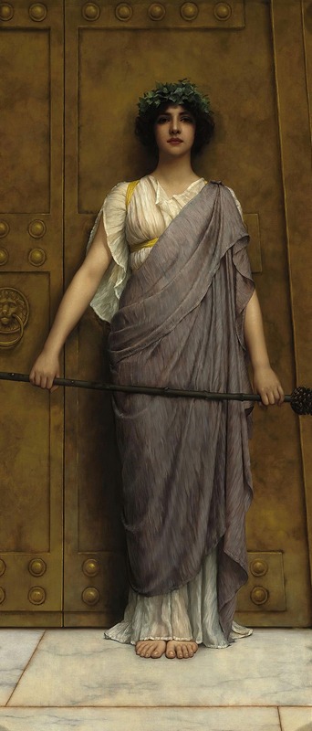 this is an oil painting in the classical art style. it depicts a woman standing in front of a large, ornate door. she wears a white and gold tunic with a draped purple toga. she also wears a green wreath on her head. she is barefoot. she holds a long brown staff. the door behind her has raised circles and a lionhead door knocker. the ground is a marble floor.