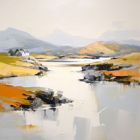 the painting depicts a serene landscape with a river flowing through it. rolling hills and mountains can be seen in the background, painted in soft, muted tones. a small white house sits on the left bank of the river. the style of the painting is impressionistic, with loose brushstrokes and a focus on capturing the play of light and atmosphere. the color palette is predominantly cool and serene.