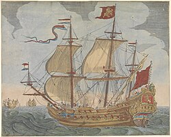 an illustration shows a sailing ship on the water. the ship has a tall mast and multiple sails, as well as the dutch flag waving from the mast. the stern of the ship is ornate. other smaller ships are shown in the distance.