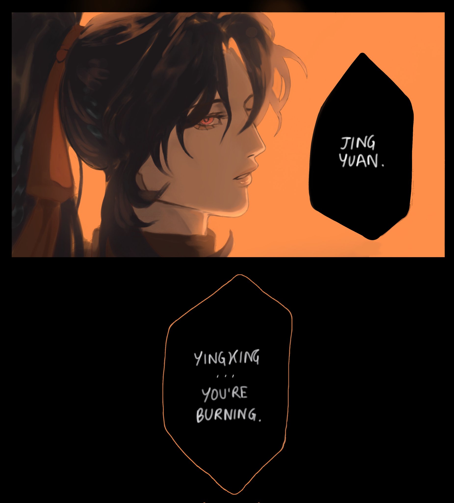 this is a digital illustration of a young man from an anime or manga series. the illustration is drawn in a semirealistic style with soft lighting and warm colors. the man has long black hair that is pulled back from his face, and his eyes are red. he is wearing a black jacket with a brown collar. the man looks serious and contemplative. the text in the speech bubbles suggests that he is in a difficult or dangerous situation. the overall mood of the illustration is intense and suspenseful.