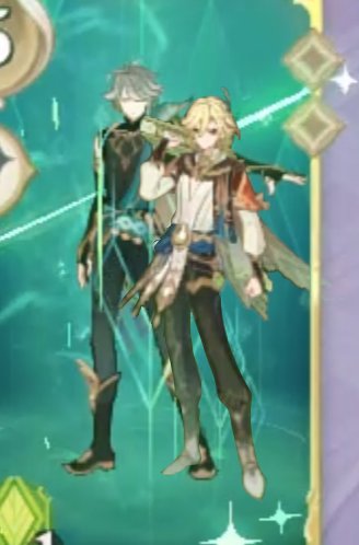 this is a screenshot from the video game genshin impact, showing two characters from the game standing together in front of a teal and green background. the character on the left is a man with long white hair, wearing a black and blue outfit and holding a sword. the character on the right is a man with blond hair wearing a white, blue, and brown outfit. both characters are facing forward with their hands on their hips. the background is a blurred image of trees and leaves.
