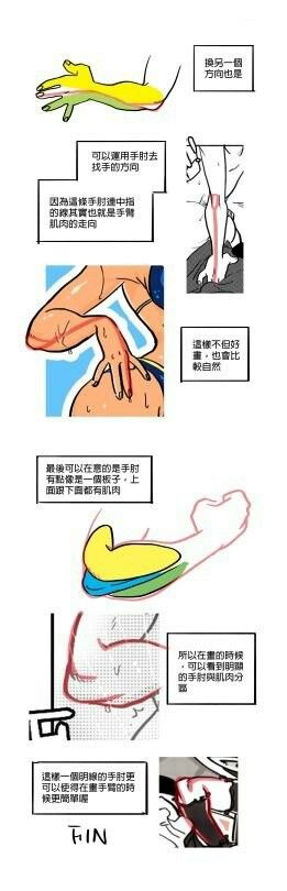 the image is a tutorial on how to draw an arm. it shows the different muscles of the arm and how they connect to the elbow. it also shows how to use the shape of the elbow to help draw the arm. the tutorial is written in chinese.