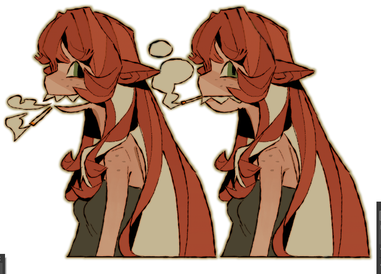 he image contains a digital illustration of a female character with long red hair and elflike ears. the character has a cartoonish style and is depicted twice in a side profile,  each with a cigarette in their mouth. their expressions are similar but slightly different, suggesting subtle changes in mood or expression.  the art style is reminiscent of anime or manga, with a slightly rough, handdrawn feel, using muted and warm color tones.