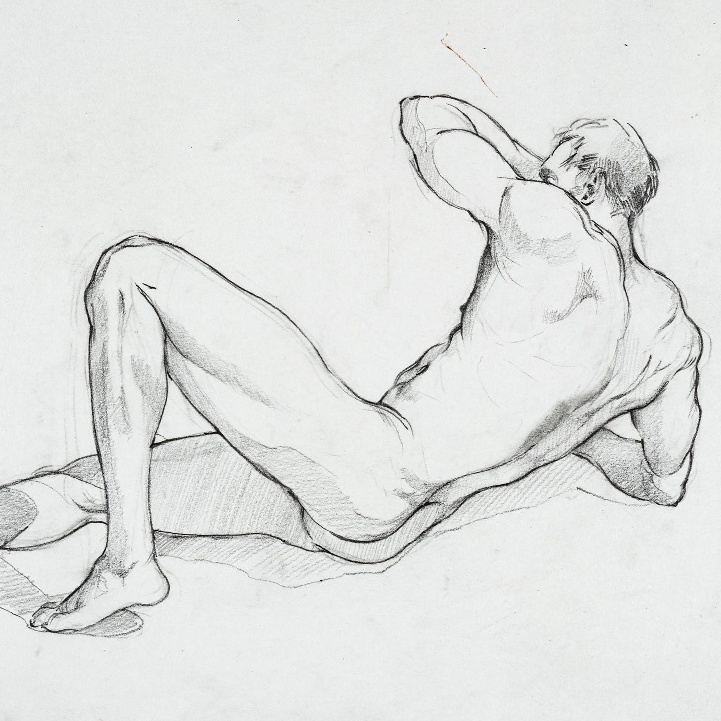 this is a pencil sketch on white paper depicting a nude male figure reclining on his side.  the man is facing away from the viewer with his right arm bent and resting on his head. his left leg is extended while his right leg is bent. the lighting is soft, creating subtle shadows and highlights that define the contours of his body.