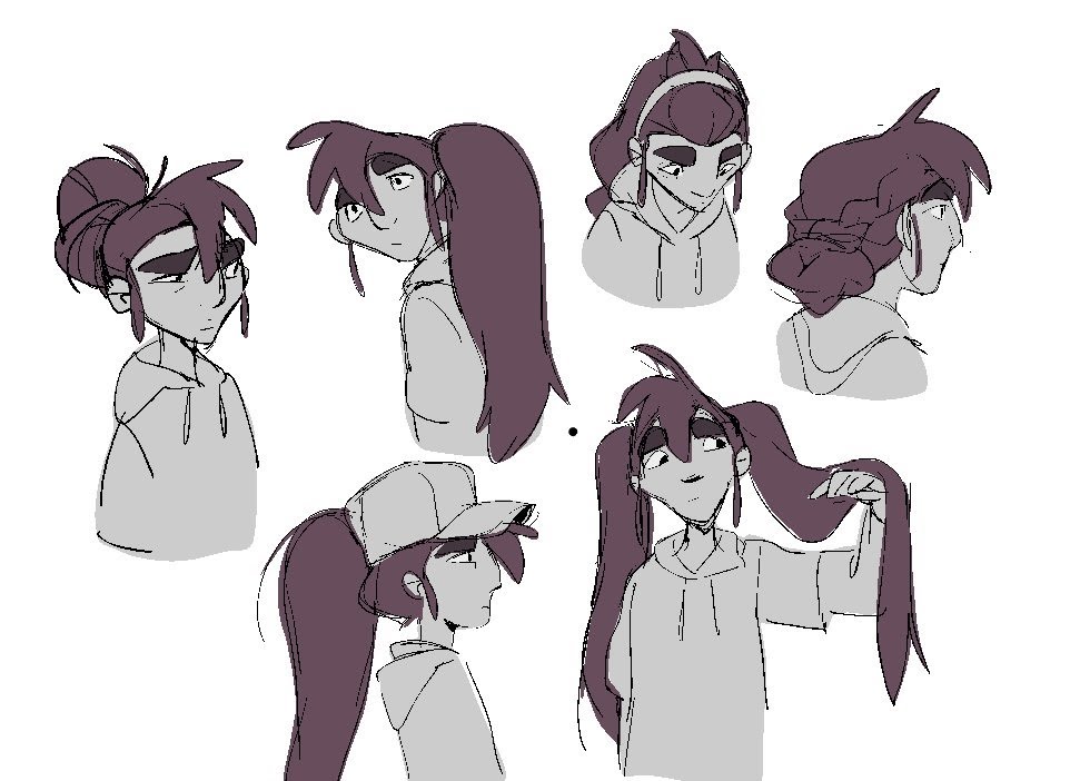 the image contains a sketch of six different anime girls with different hairstyles and expressions. the girls have long hair and are dressed in casual clothes. the image is drawn in a simple, loose style.