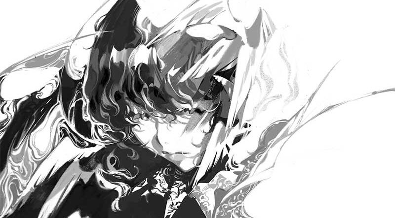 the image is a black and white illustration of a woman with flowing hair and intricate details. the style is abstract and dynamic, with bold strokes and a sense of movement. the focus is on the woman's face, which is partially obscured by her hair. the contrast between light and dark areas creates a dramatic effect.