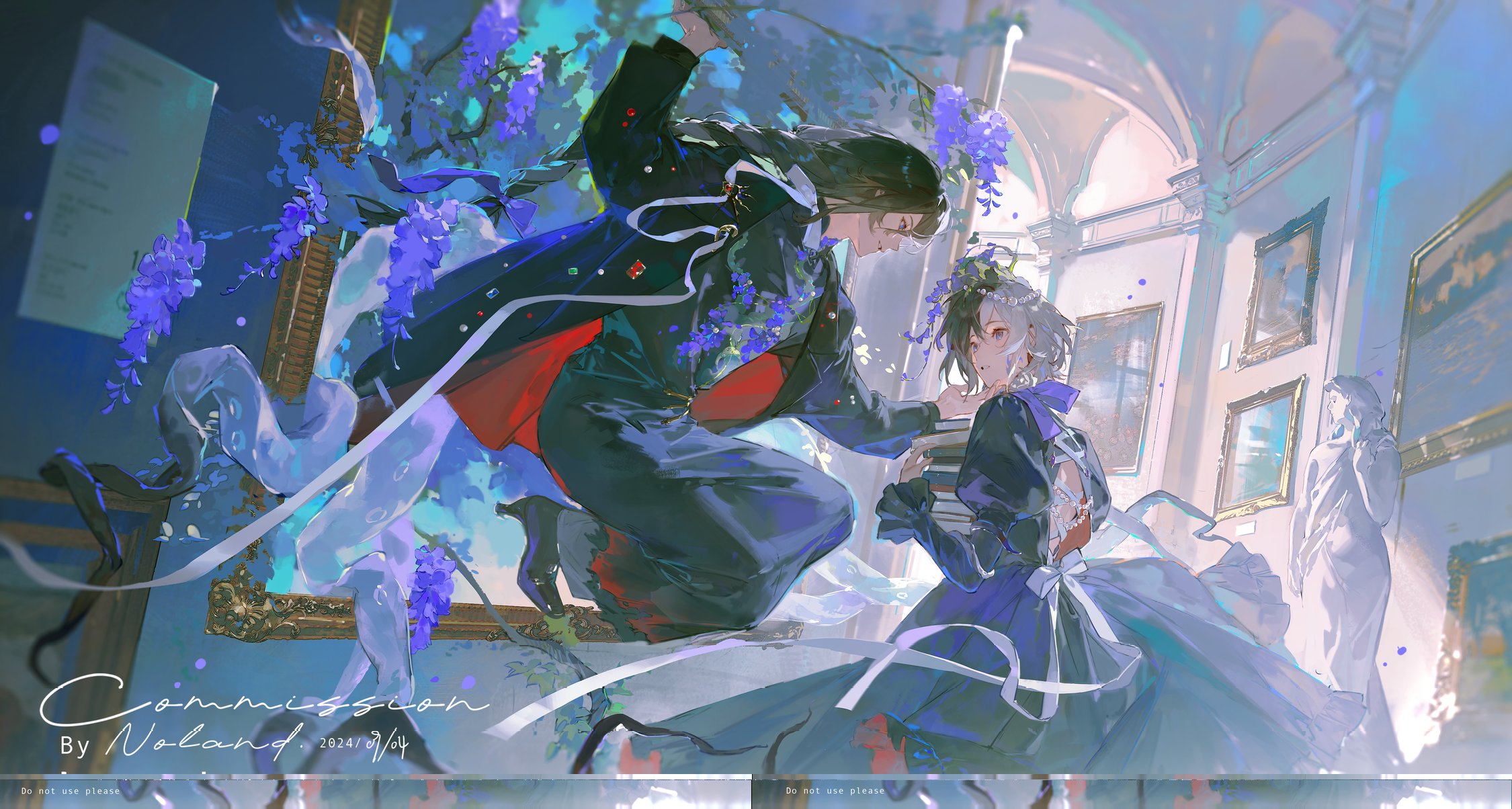 the artwork depicts a young couple in a museum setting. the male character, dressed in a black suit and red cape, holds a book in one hand while looking lovingly at the female character who stands next to him. she is dressed in a beautiful blue and black dress, with a white apron. the couple is surrounded by a whimsical atmosphere, with floating ribbons and purple flowers swirling around them. the museum's high ceilings and arched doorways create a sense of grandeur and romance. the artwork is beautifully rendered with soft colors and delicate details.