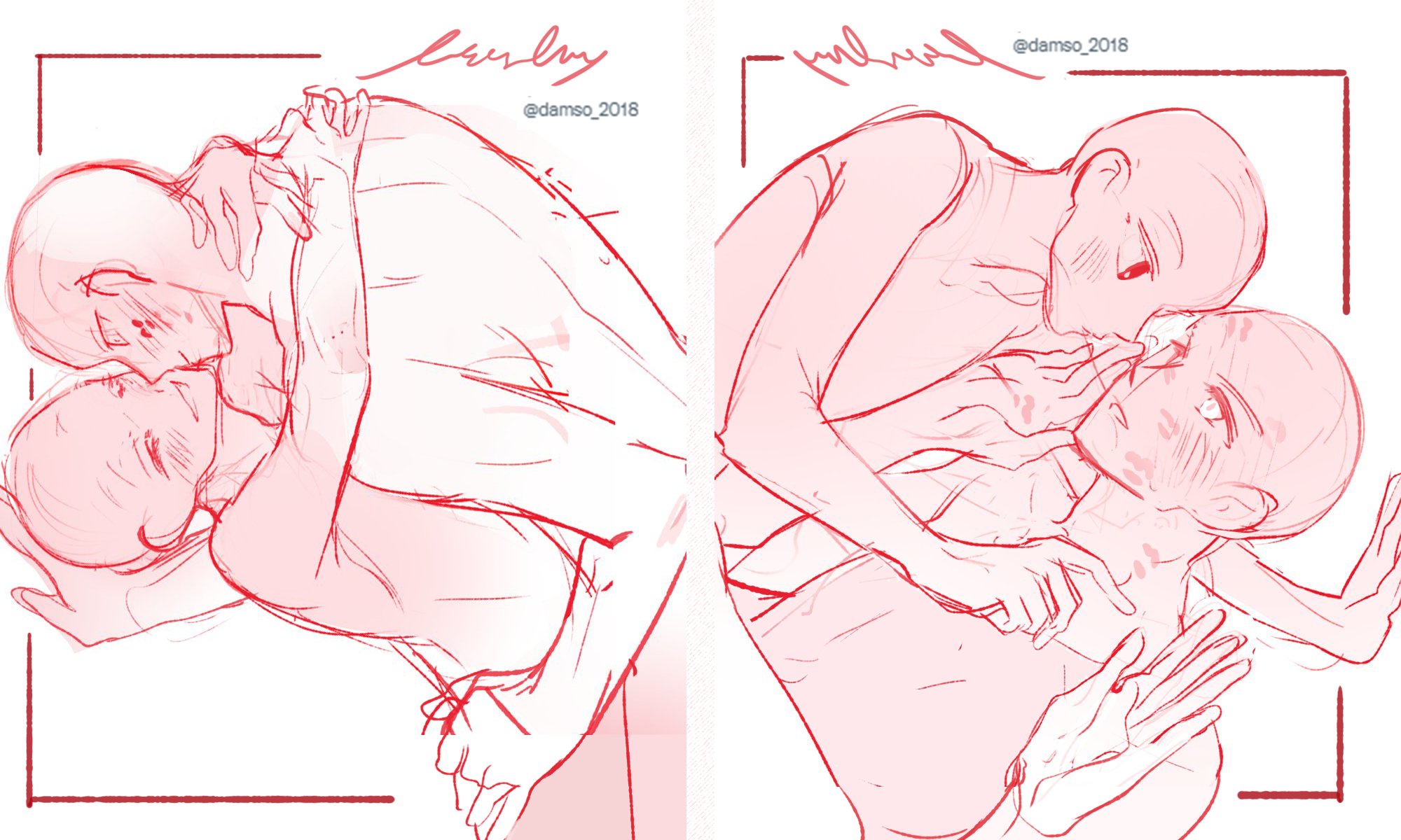two drawings of couples in romantic poses, one where they are kissing and embracing, and the other where they are hugging. all drawings are line art style.
