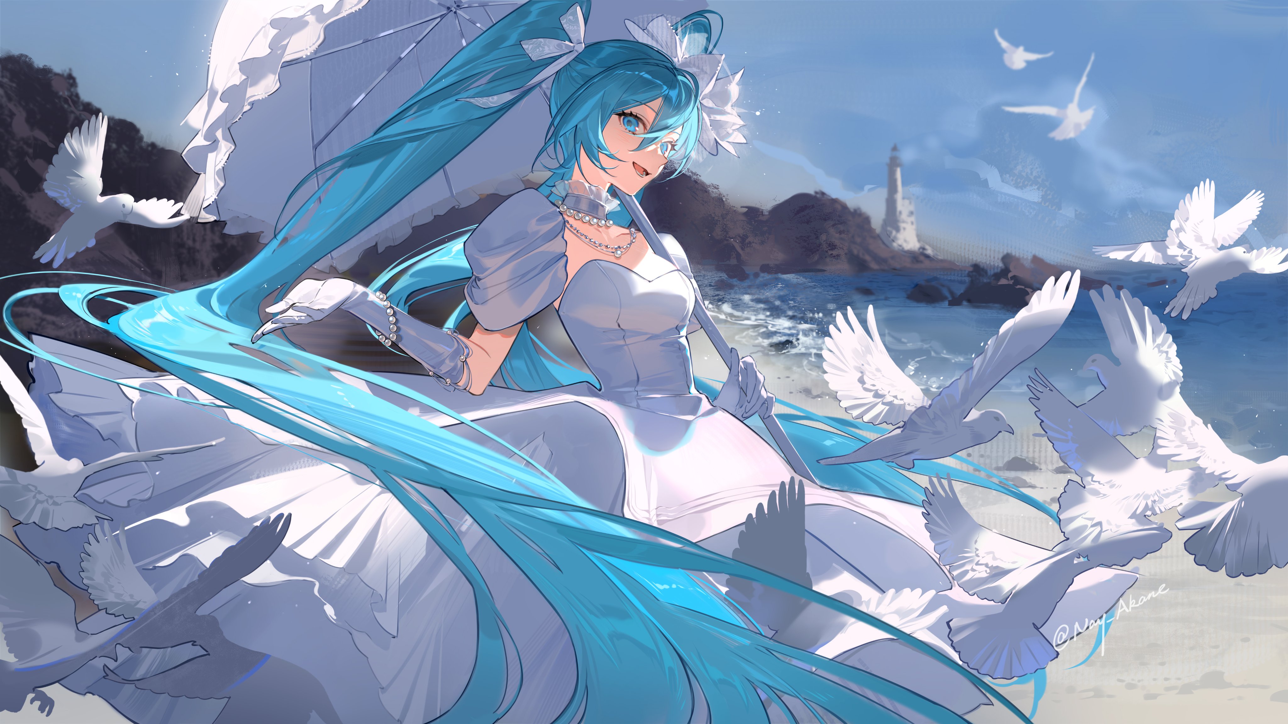he image depicts hatsune miku, a popular vocaloid character, dressed in a flowing white wedding dress.  her long, vibrant blue hair streams behind her, catching the wind. she holds a white parasol and is surrounded by a flock of white doves flying around her on a sunny beach near a lighthouse. the overall style is soft, dreamy, and romantic, with a focus on light and color. the scene is peaceful and evokes a sense of serenity.