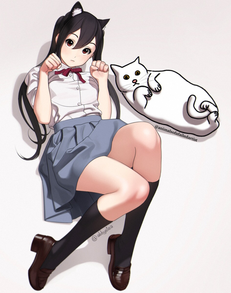 the image features a blackhaired anime girl with cat ears playfully posing on a white background. she is dressed in a white buttondown shirt, a blue pleated skirt, and brown loafers. her long black hair cascades down her back, and her vibrant red eyes sparkle with mischief.  the girl is lying on her back with her knees bent and her feet apart. her hands are raised near her face in a cute, clawlike gesture. next to her, a large white cat with striking yellow eyes lies curled up on its side. the cat's pose mirrors the girl's playful energy, creating a sense of harmony between them.