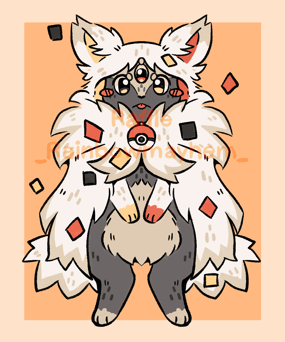 a cute and colorful cartoon pokemon, with fluffy fur and a big, red ball in its paws. the pokemon is standing on a bright, orange background and has a mischievous look on its face.