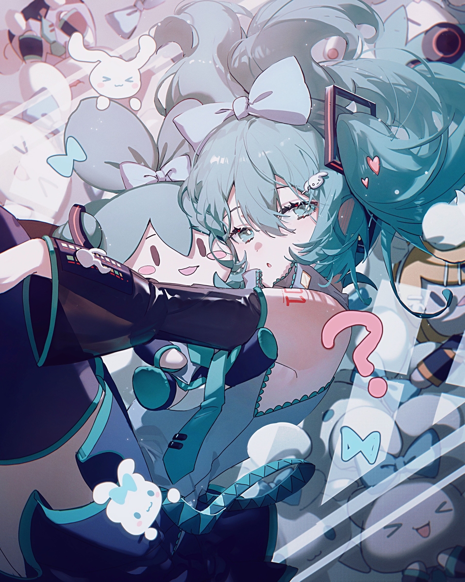 the image depicts a digitally drawn anime girl, hatsune miku, with teal hair in twin tails, adorned with bows and hair ornaments. she is surrounded by plushies, including cinnamroll characters. a pink question mark floats near her. the artwork is cute and detailed, showcasing digital art techniques.