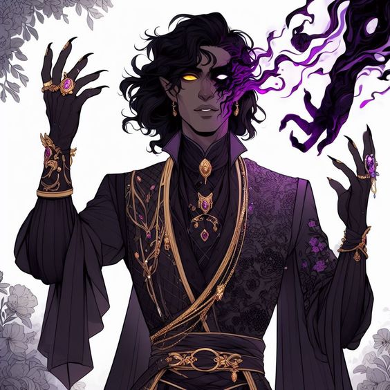 a waistup illustration of a male dark elf with long, dark hair.  he has yellow eyes and dark skin.  the left half of his face is normal, while the right half is skeletal and wreathed in purple magical energy.  he is dressed in an elaborate, highcollared black and gold outfit accented with purple floral patterns.  he is wearing black gloves with jeweled rings, and more jewelry adorns his clothing.  his hands are outstretched, and he appears to be casting magic.  the background is white with some gray floral designs around the edges.