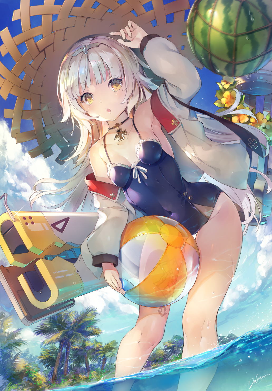 the image is a vibrant digital painting or illustration in the style of anime/manga. it depicts a young woman with long white hair, wearing a dark blue swimsuit and a large, widebrimmed straw hat. she's carrying a beach ball and what appears to be a futuristic surfboard or weapon.  a large watermelon floats near her head. the background features a sunny beach scene with palm trees and blue sky, creating a summery atmosphere. the art style is highly detailed and features soft, pastel colors and a focus on light and shadow. the overall impression is one of carefree summer fun with a touch of fantasy due to the weaponry depicted.