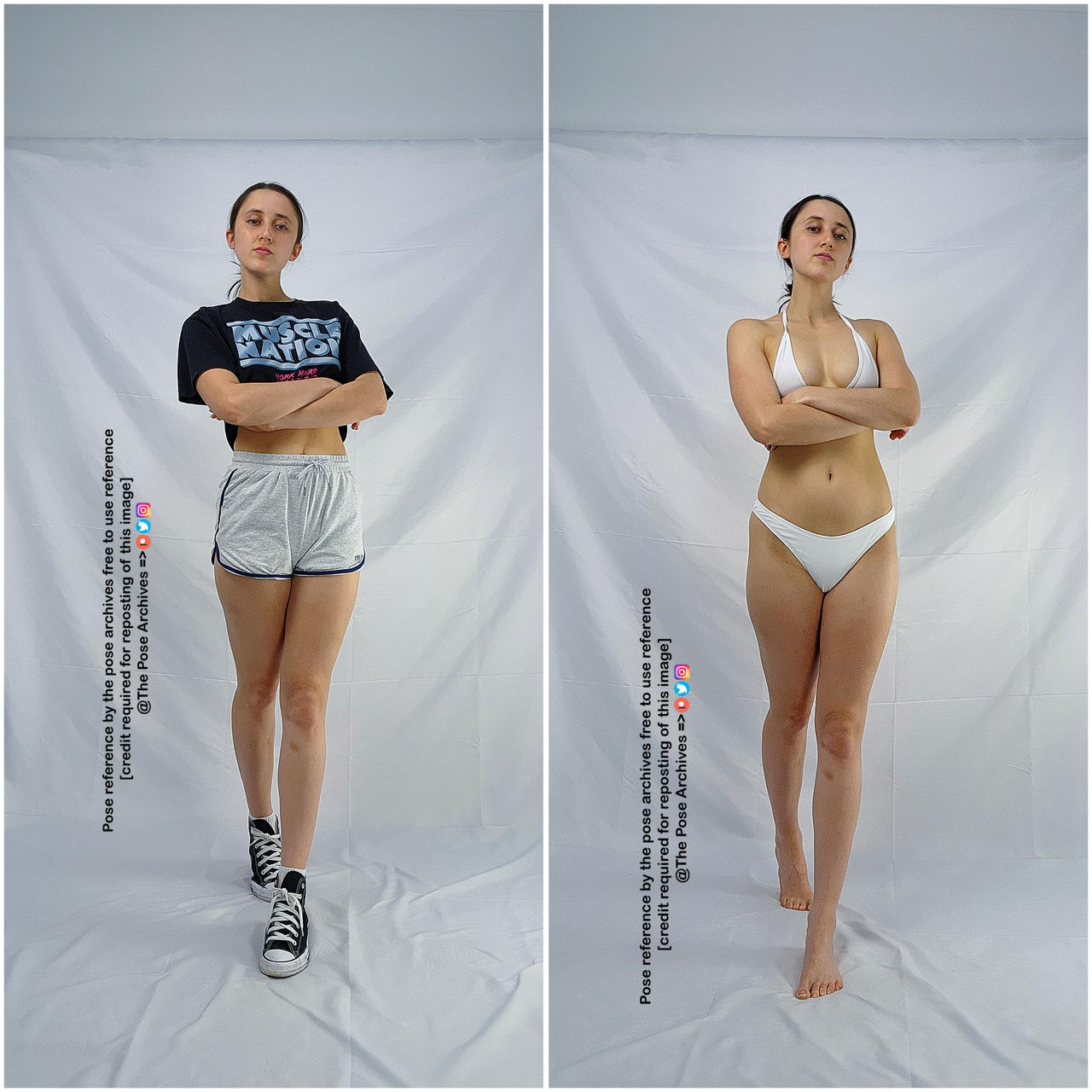 the image shows a female figure in two different outfits, both times striking the same pose  standing with arms crossed and looking directly at the viewer. in the left image, she wears a black graphic tshirt, gray athletic shorts, and black and white sneakers. in the right image, she wears a white bikini top and bottom. the background in both images is a plain white wall, suggesting an indoor setting. the lighting is soft and even, illuminating the subject clearly.