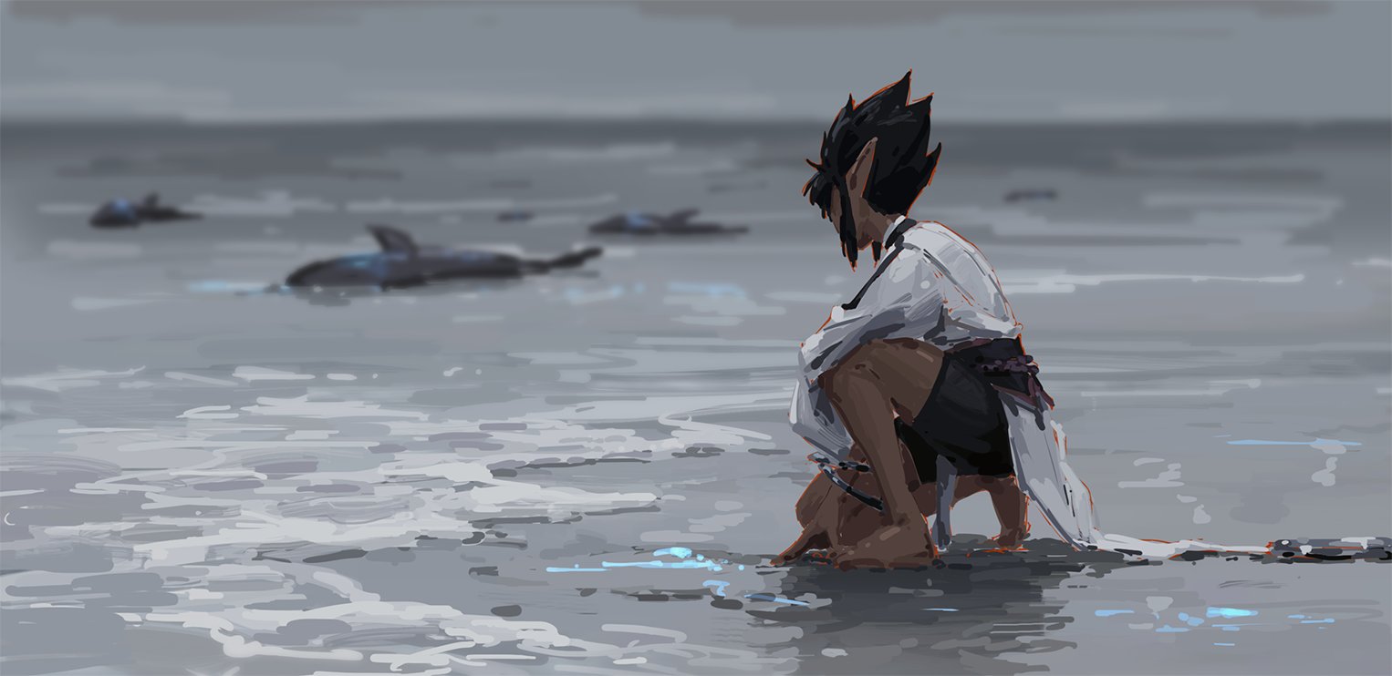 the digital painting depicts a male elflike character, with pointed ears and dark hair, crouching on a gray beach. he is wearing loose, lightcolored clothing and appears contemplative, gazing out at the ocean. in the background, several dark shapes that resemble dolphins are swimming in the water. the overall mood is serene yet slightly melancholic, conveyed through the muted color palette and the character's posture. the painting style is loose and painterly, with visible brushstrokes contributing to the atmospheric quality of the scene.