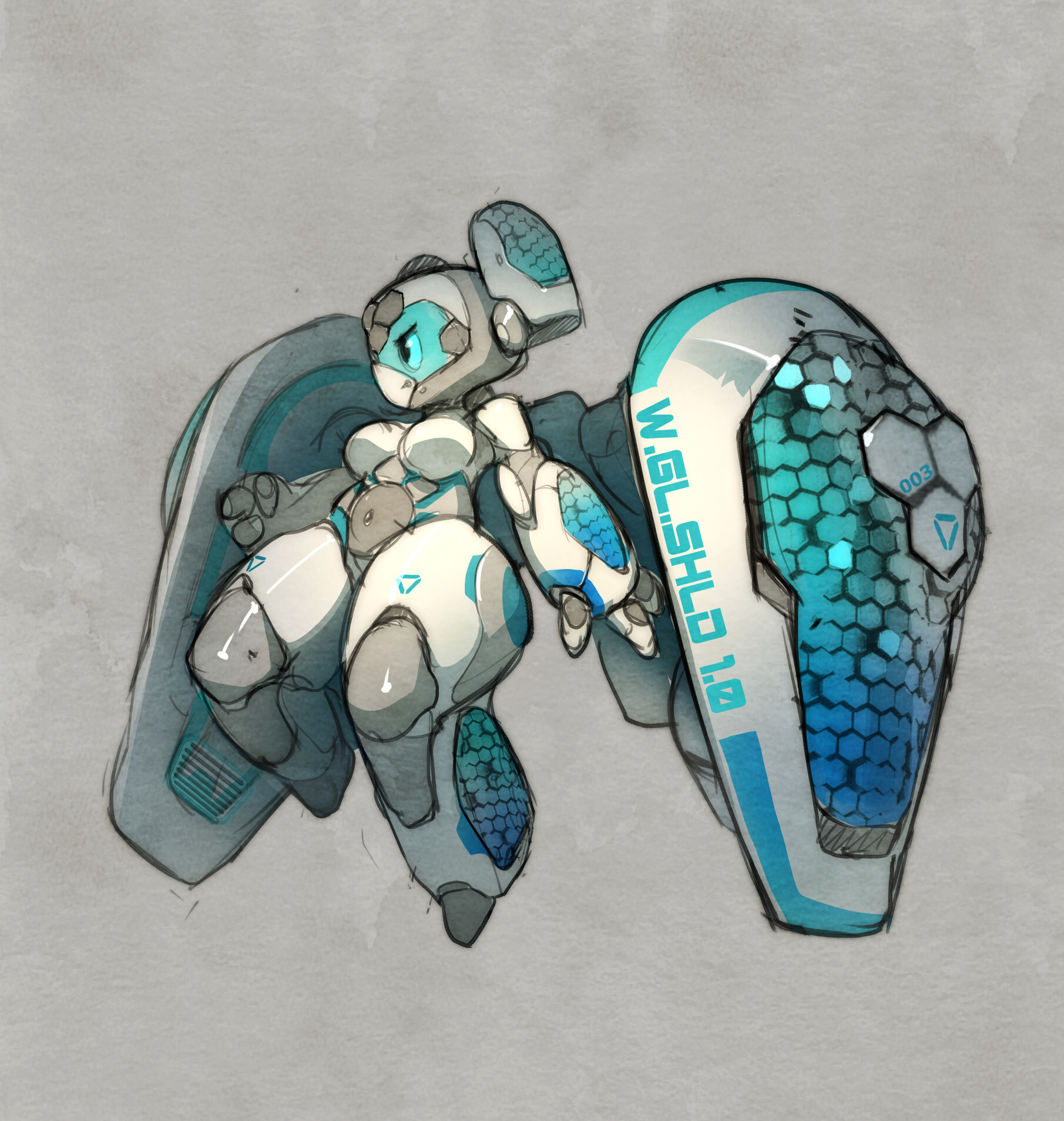 an illustration of a white and blue female robot with a large blue shield on her arm. she is standing on a platform with a blue and grey background.  she has a large head with a white helmet and a blue visor. she has a blue shield on her left arm that is covered in blue hexagons. her right arm is holding a weapon. she has a blue and grey platform she is standing on.