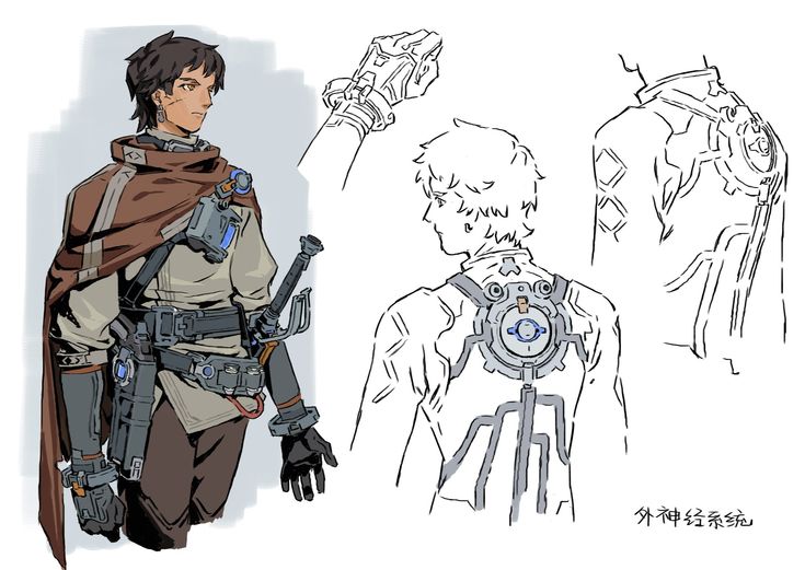 this is an image of a character design for a character that appears to be a cyborg or a character with futuristic technology. the character is  wearing a  futuristic outfit with a mechanical arm on one arm and a mechanical back piece. it appears the character is a fighter or soldier. the character is illustrated in different angles and poses to show the detail in their design.