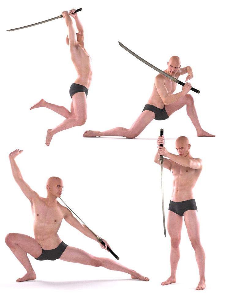 four men practice their sword skills, each in a different pose. the men are shirtless and wearing swim trunks. they are all holding a katana. the men are wellbuilt and muscular, with their poses demonstrating strength and agility. they are posed in a variety of dynamic stances, capturing the essence of samurai combat. the men are surrounded by a pure white background, which highlights their form and allows the focus to be on their movements.