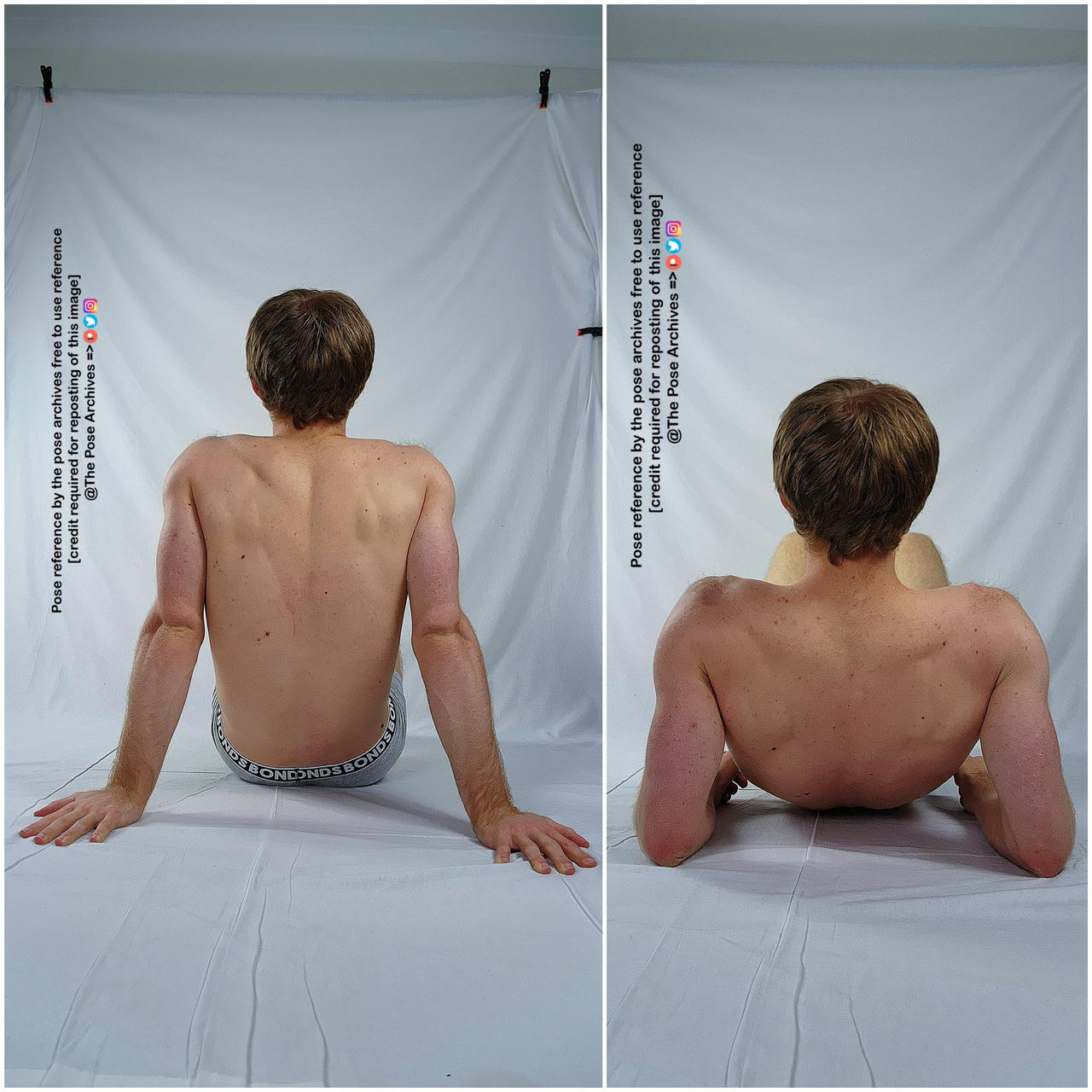 the image is a diptych showing a man in two slightly different poses, both sitting on the floor with his weight leaning back on his hands. he is shirtless, providing a clear view of his back muscles. the background is a plain white studio setup, and the lighting is soft and diffused. the images are intended as pose references for artists.