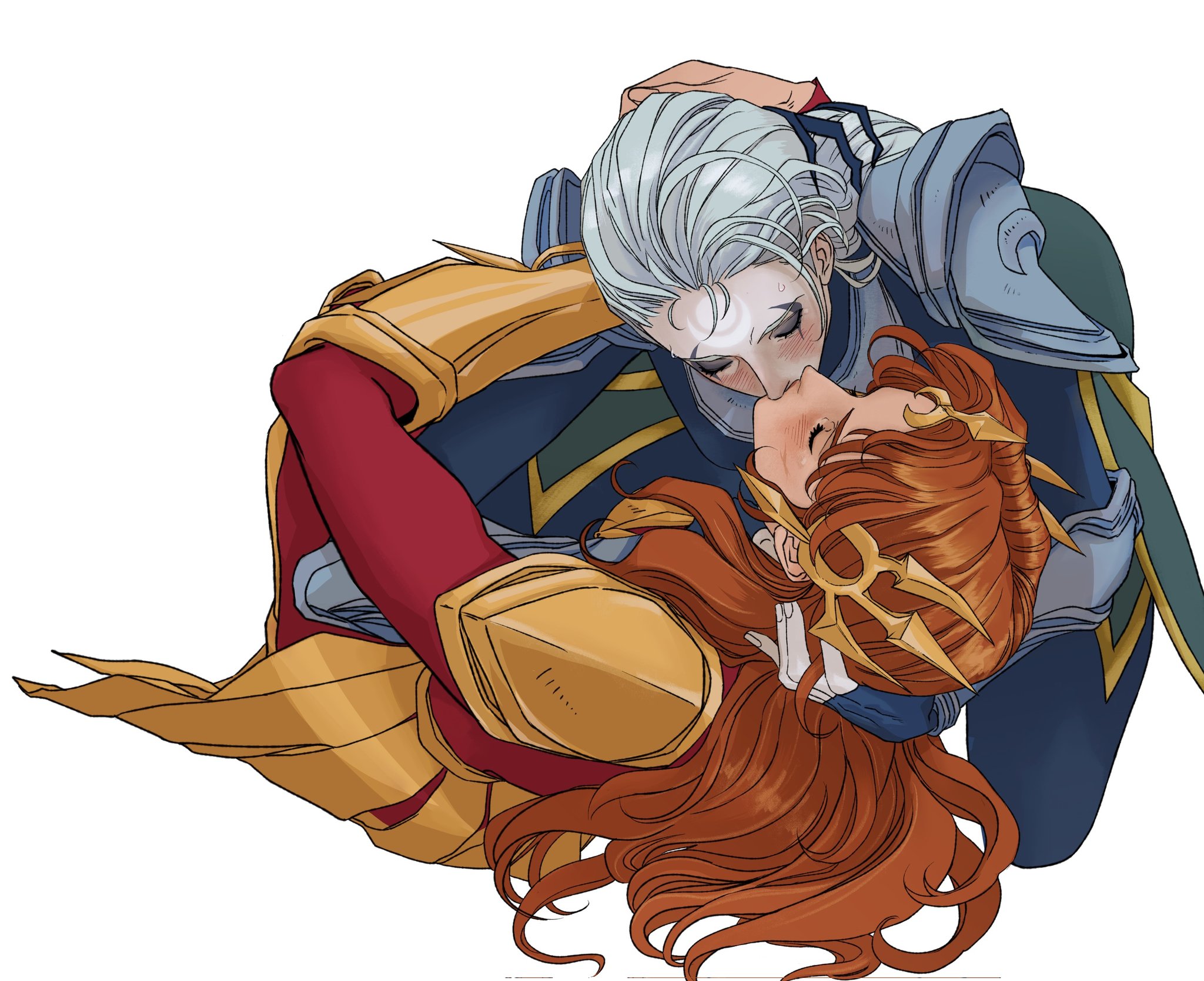 a cartoon image shows two female characters in armor sharing an affectionate kiss and hug. one character has red hair, and the other has white hair, both depicted with animestyle features, symbolizing love and tenderness in a romantic relationship. they are embracing in a fantasy setting.