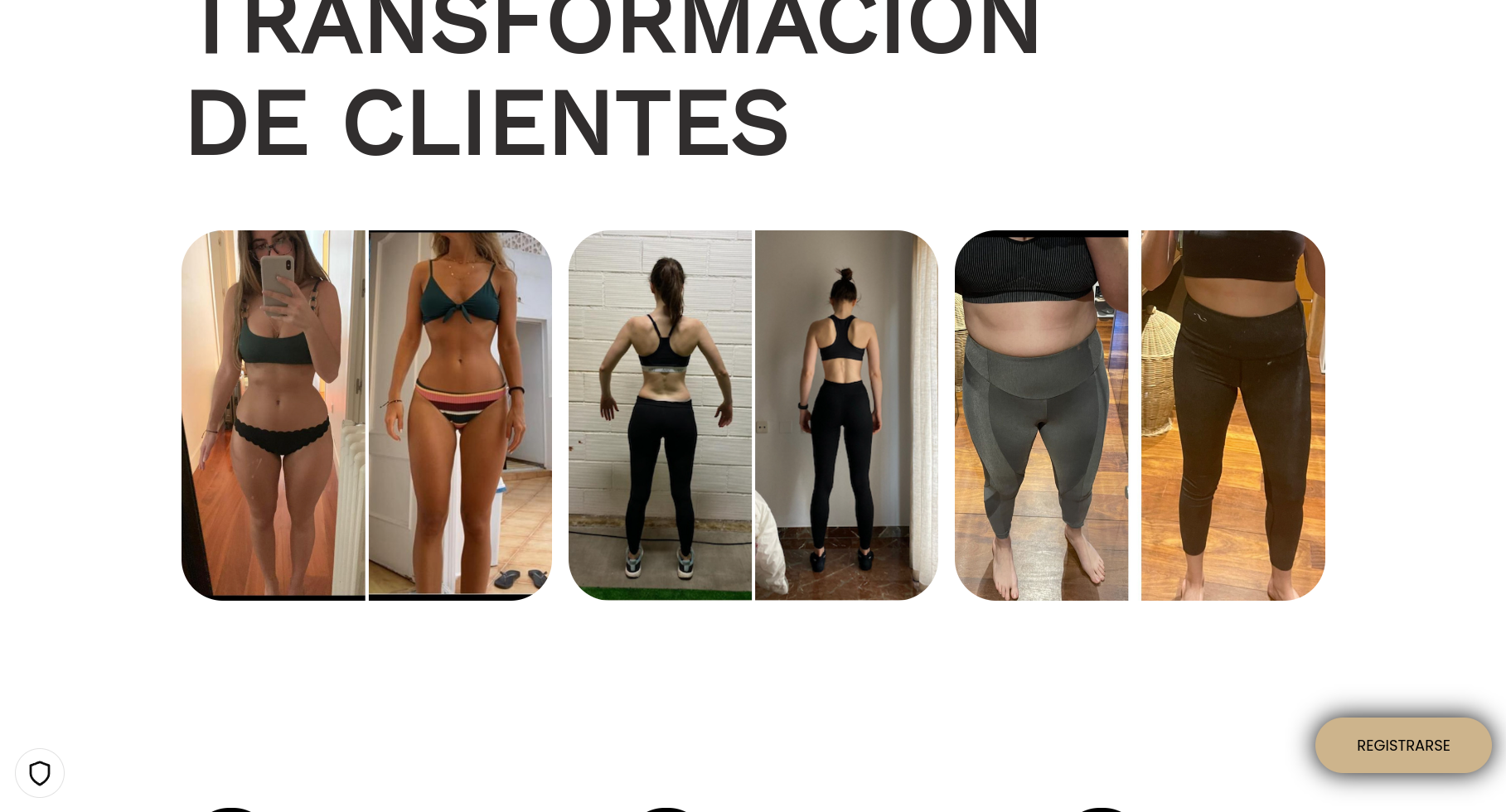 the image shows six women who have undergone physical transformations. each picture is divided into two parts, showcasing the "before" and "after" of their body changes. the text "transformcion de clientes" appears at the top, implying that these women are clients who achieved significant fitness results. the bottom of the image features a button labeled "registrarse," inviting viewers to learn more about these transformations and possibly participate in similar programs.