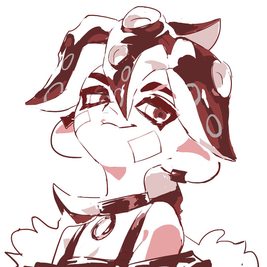 this is a digitally drawn illustration of an anime girl. she has a black, brown, and red color scheme. she has dark hair that is styled to make her look like a squid. she has a mischievous expression on her face, and she is wearing a simple, trendy outfit.