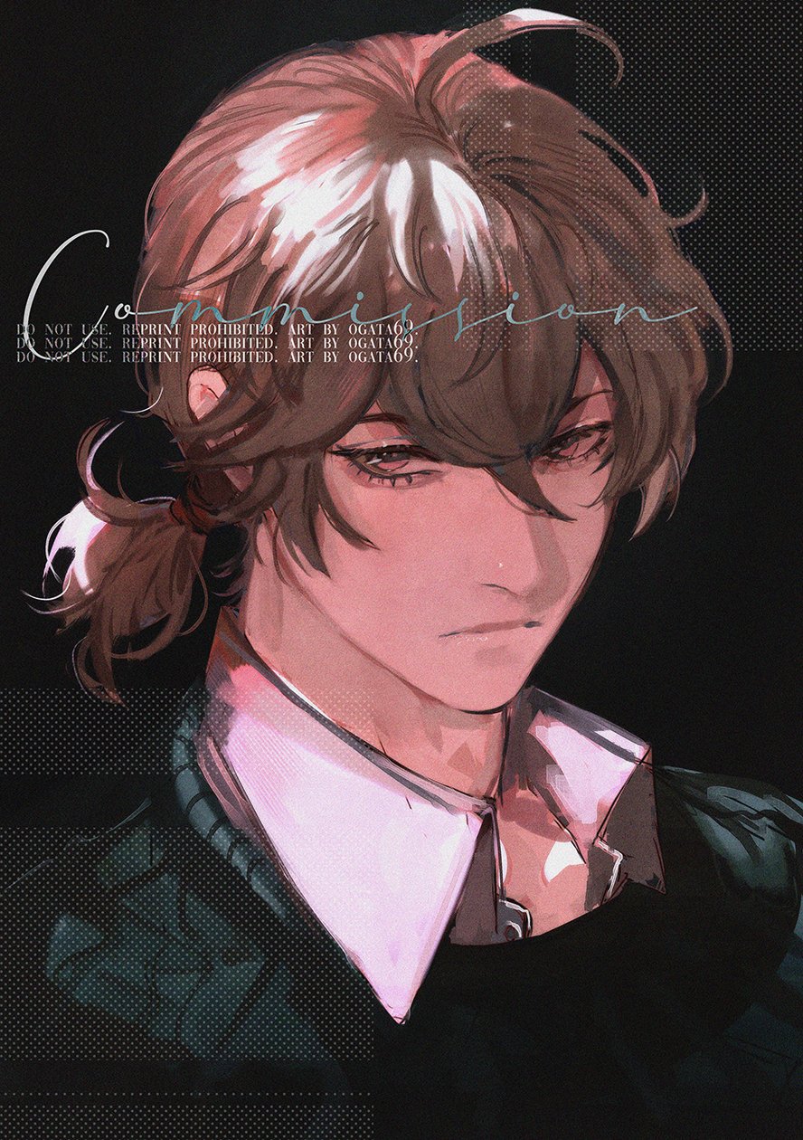 a closeup portrait of a young male anime character. he has pink hair, a pink shirt, and a black blazer. he has a serious expression. the background is black with a subtle pattern.