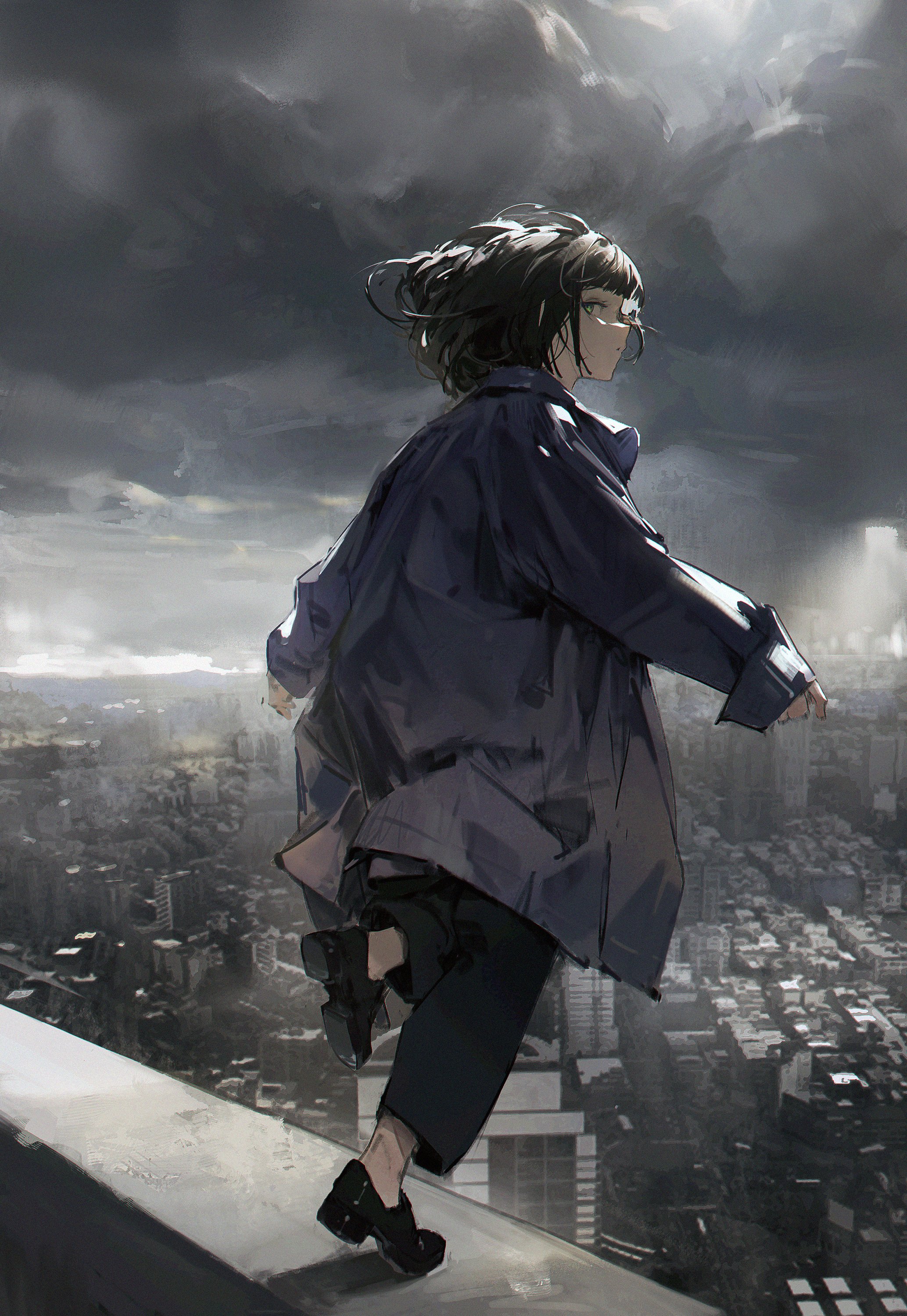 the image features an anime girl, with black hair and a grey coat,  walking on the edge of a rooftop. the background shows a cityscape under a cloudy sky.  the overall mood of the image is dark and gloomy.