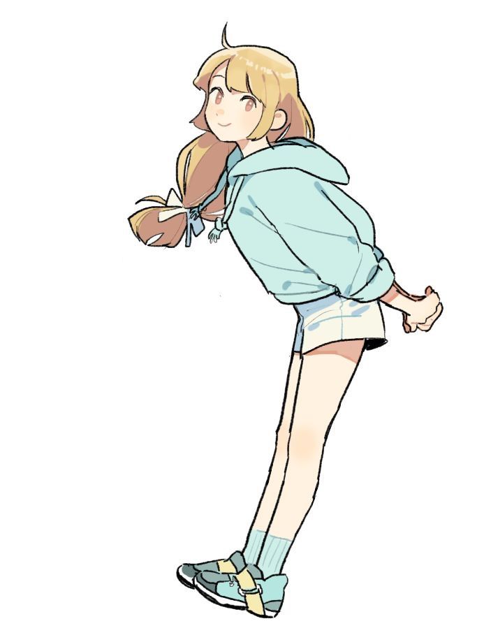 a cartoon drawing of a young anime girl with blonde hair in a blue hoodie and white shorts smiling while looking to the right. she's wearing blue and white shoes. the background is white.