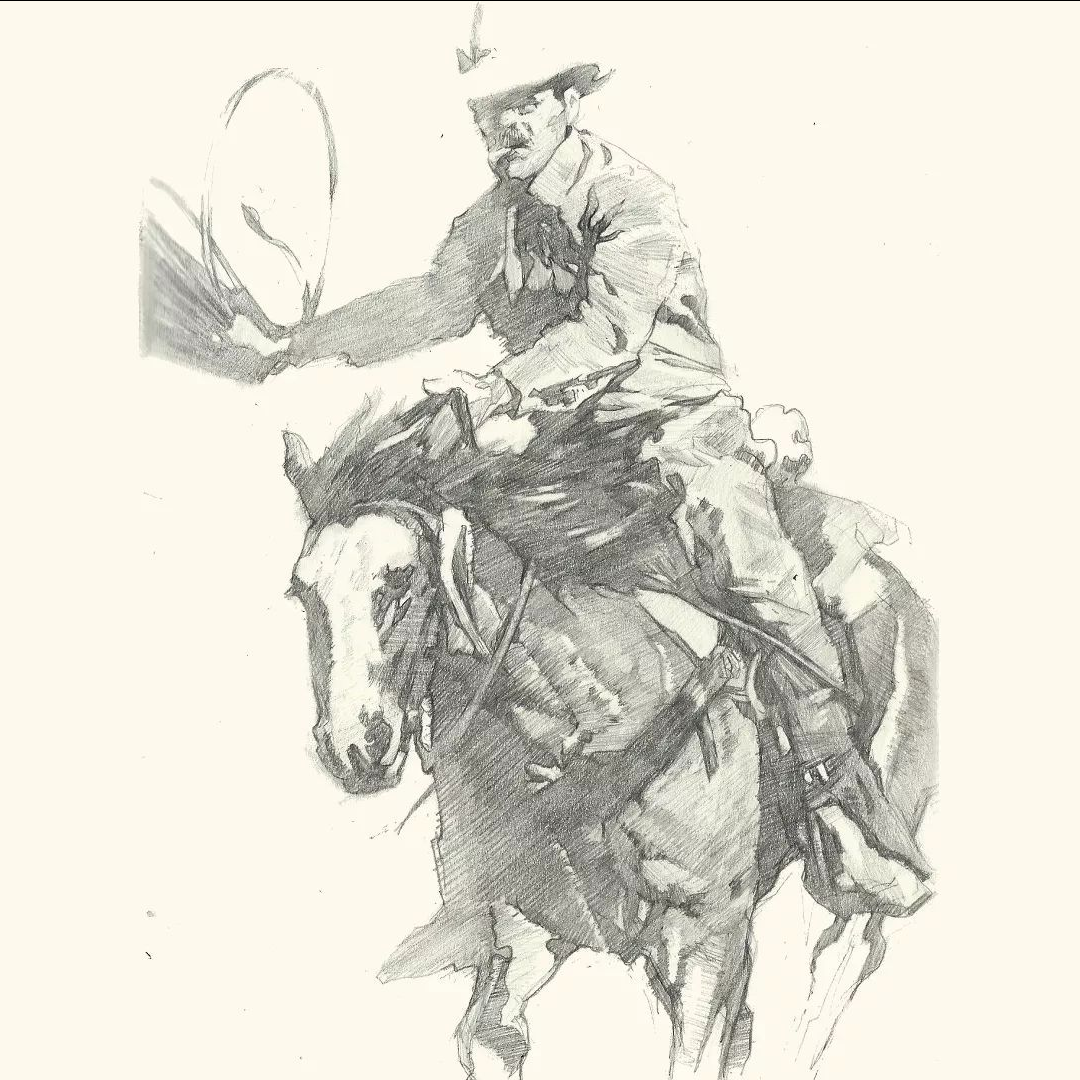 the image is a black and white sketch of a cowboy riding a horse. the cowboy is in midaction, swinging a lasso overhead as the horse gallops forward. the drawing has a dynamic and energetic feel, capturing the movement and power of both horse and rider. the use of light and shadow emphasizes the contours of the figures and creates a sense of depth.