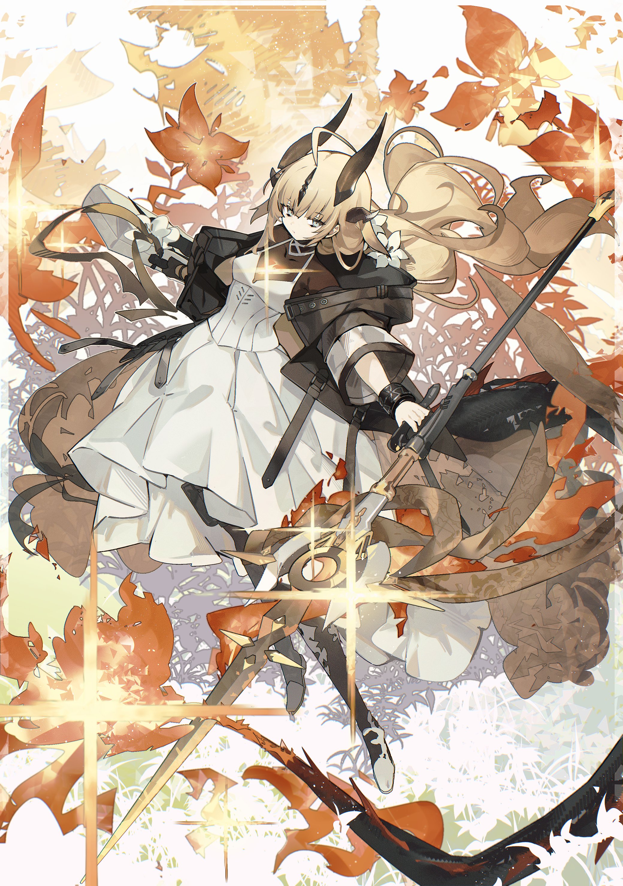the image showcases a young woman, drawn in an anime/manga style, who appears to be a warrior or magical girl. she is dynamically posed, suggesting movement and action. she wields a long, ornate spear and wears a striking outfit that blends a flowing white dress with a black, militaryinspired jacket. she has long, flowing blonde hair and horns, hinting at a fantastical nature. the background is an abstract composition of warmtoned, stylized floral elements that complement her attire and enhance the overall sense of energy and power.