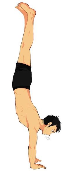 a cartoon sketch of a tanskinned man with short, spiky black hair is doing a handstand. he is wearing black swim trunks. the image is from the waist up and he is facing left.