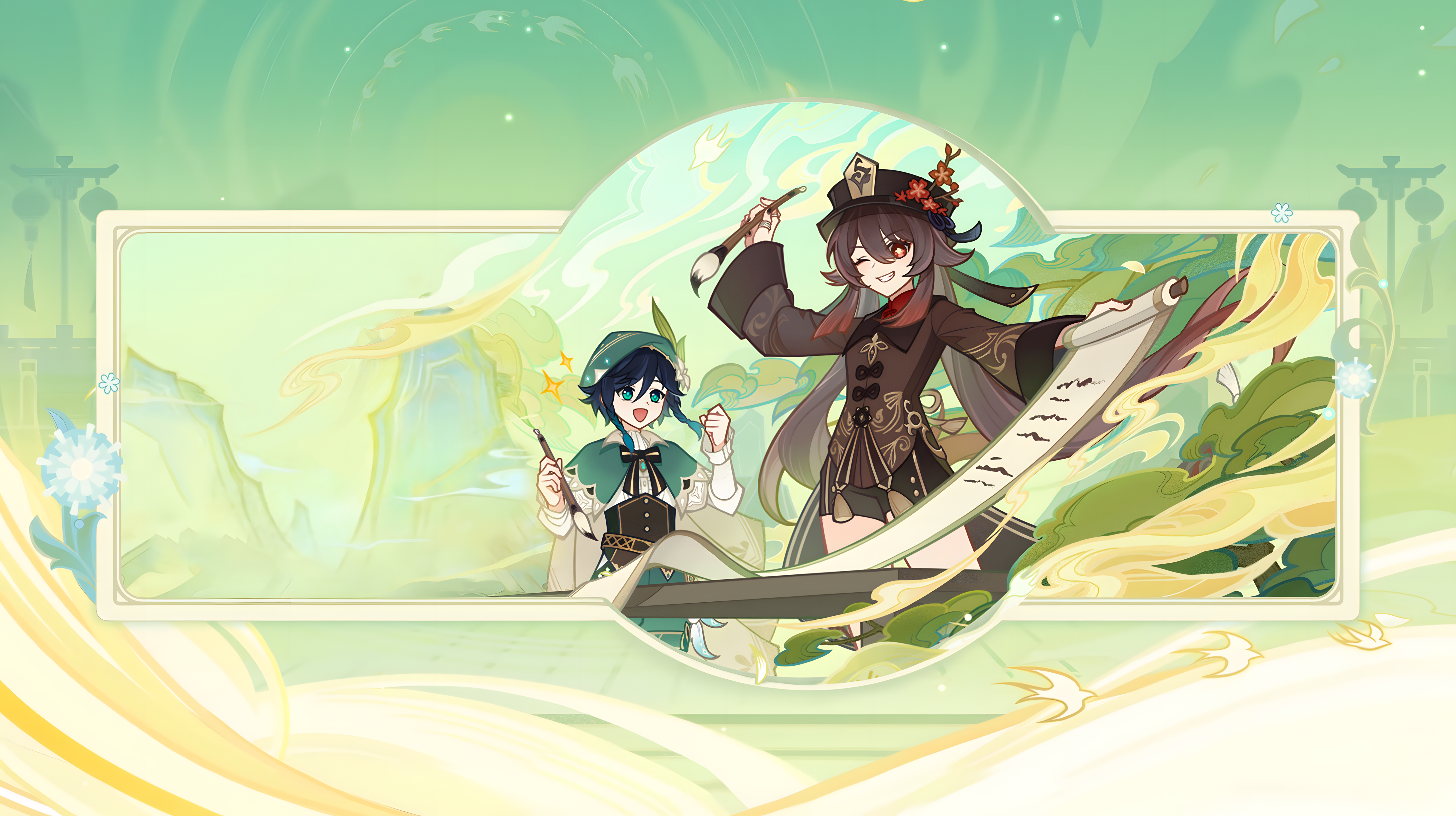 the image is from the game genshin impact, and it features two characters. one is a female character with dark hair and purple eyes, and the other is a male character with blue hair and green eyes. both of them are dressed in traditional chinese clothing. the female character is holding a brush and painting on a scroll, while the male character is holding a brush and is about to paint. there are also flowers and birds in the background.