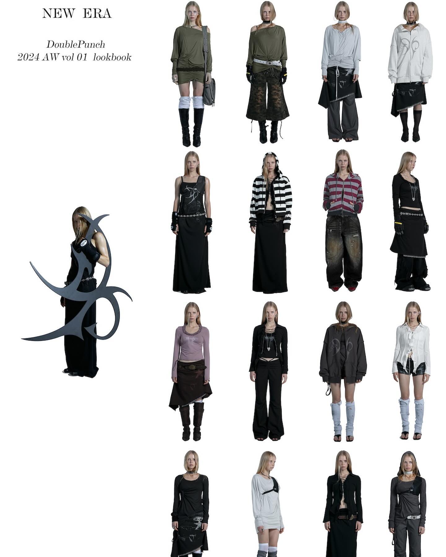 this image is a lookbook for doublepunch's 2024 autumn/winter collection, titled "new era". it features a series of posed models showcasing various outfits. the clothing is predominantly darktoned with a mix of textures and styles ranging from grunge to gothic to more minimalist looks. each model is displayed individually against a white background, allowing the viewer to focus on the clothing details. the overall aesthetic is dark, edgy and alternative, suggesting a fashion style geared toward a younger, trendconscious audience.  the lookbook presents a range of clothing items including skirts, pants, dresses, and tops, with an emphasis on layers and distinct silhouettes.