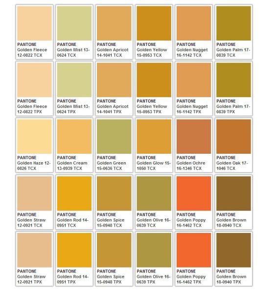 the image showcases a collection of pantone color swatches, arranged in a grid pattern. each swatch is labeled with a specific name (e.g., "golden fleece," "golden mist") and a corresponding pantone color code in both tcx and tpx formats. the colors displayed range from light and pale yellows to deep golden browns, providing a spectrum of hues within the "golden" family.