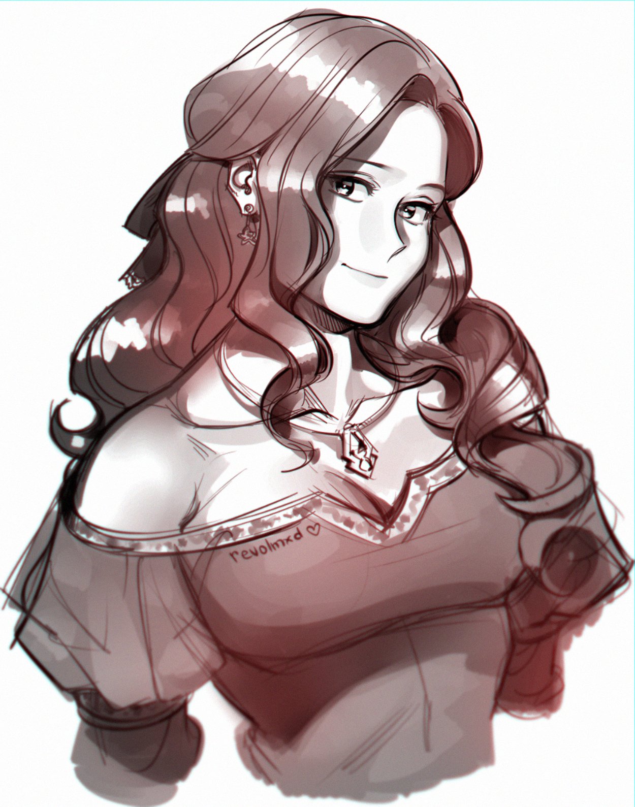 a black and white sketch of a woman with long, wavy hair, pulled halfup.  she is wearing a peasant style top with an off the shoulder neckline and a necklace with a pendant.  she has a soft smile on her face. the background is white.
