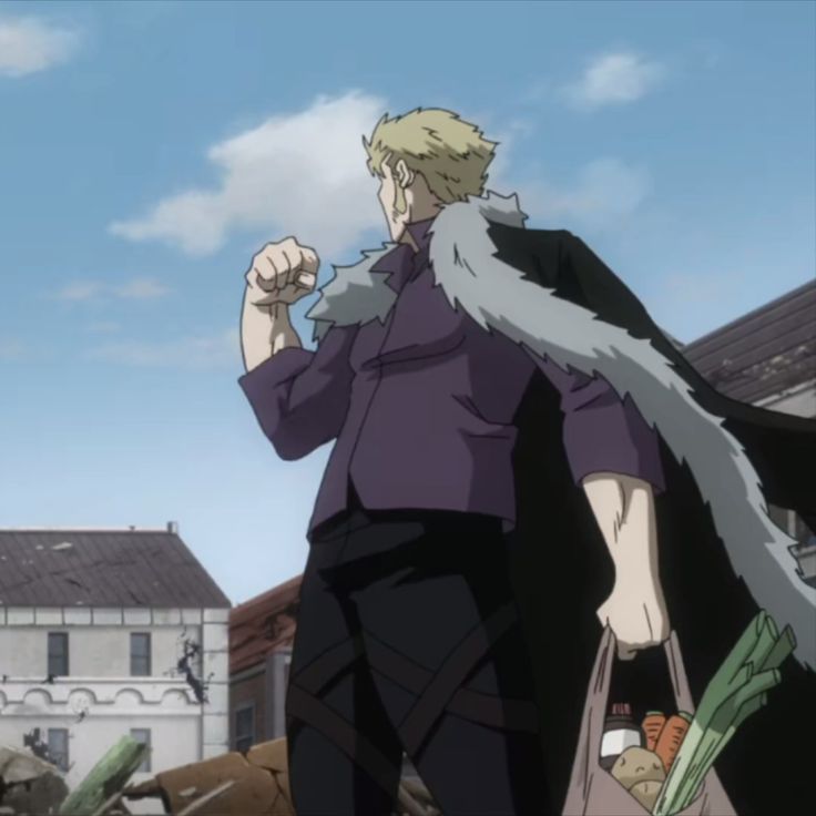 the image shows a man from an anime in the street.  he is wearing a purple shirt, black pants, and a long black coat with fur trim. he is looking away from the viewer and carrying a grocery bag with vegetables in it. he is standing on a street with a destroyed building behind him, and the sky is cloudy.