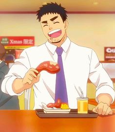 a digital illustration of an adult male anime character with short brown hair, wearing a white buttondown shirt with a purple tie. he is depicted smiling and holding a piece of fried chicken, about to take a bite. he is seated at a table with a tray containing additional food items, including a cup of what appears to be orange juice. the background suggests an indoor setting, possibly a restaurant, with warm lighting.  the man is muscular and appears happy to be enjoying his meal.
